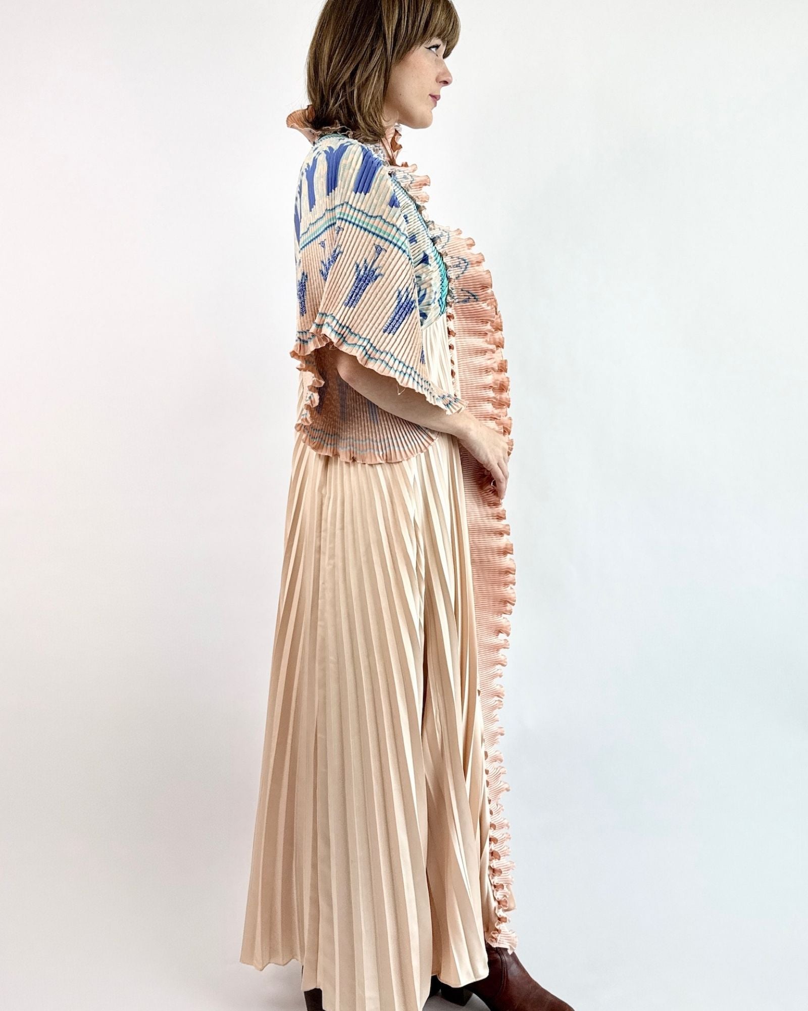 70s Zandra Rhodes Peach Plisse Robe