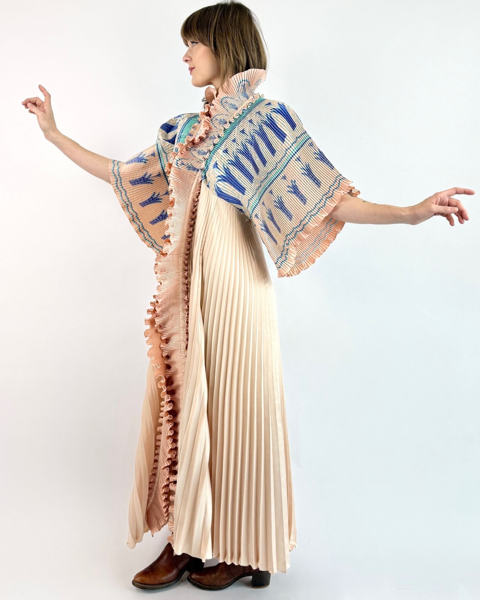 70s Zandra Rhodes Peach Plisse Robe