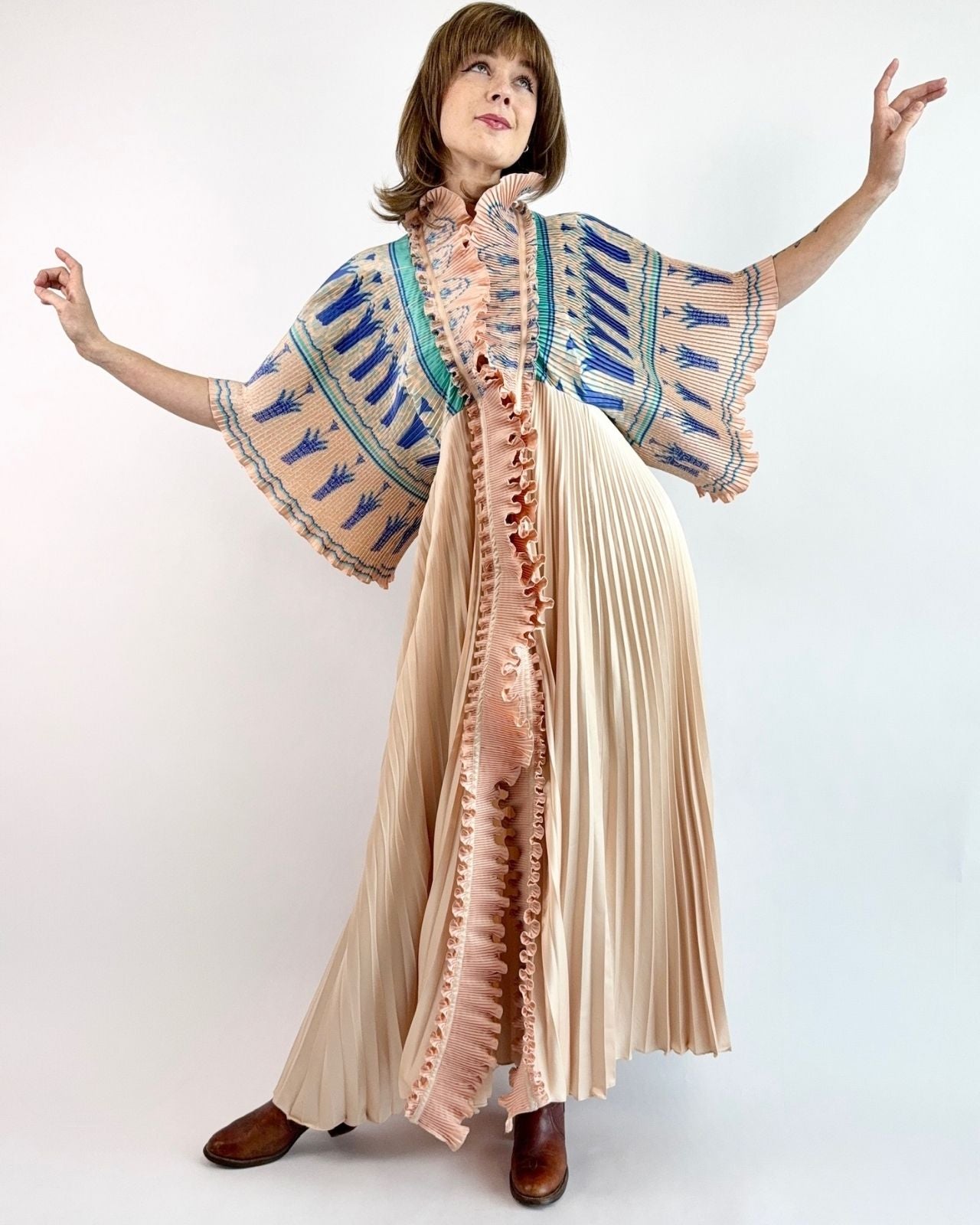 70s Zandra Rhodes Peach Plisse Robe