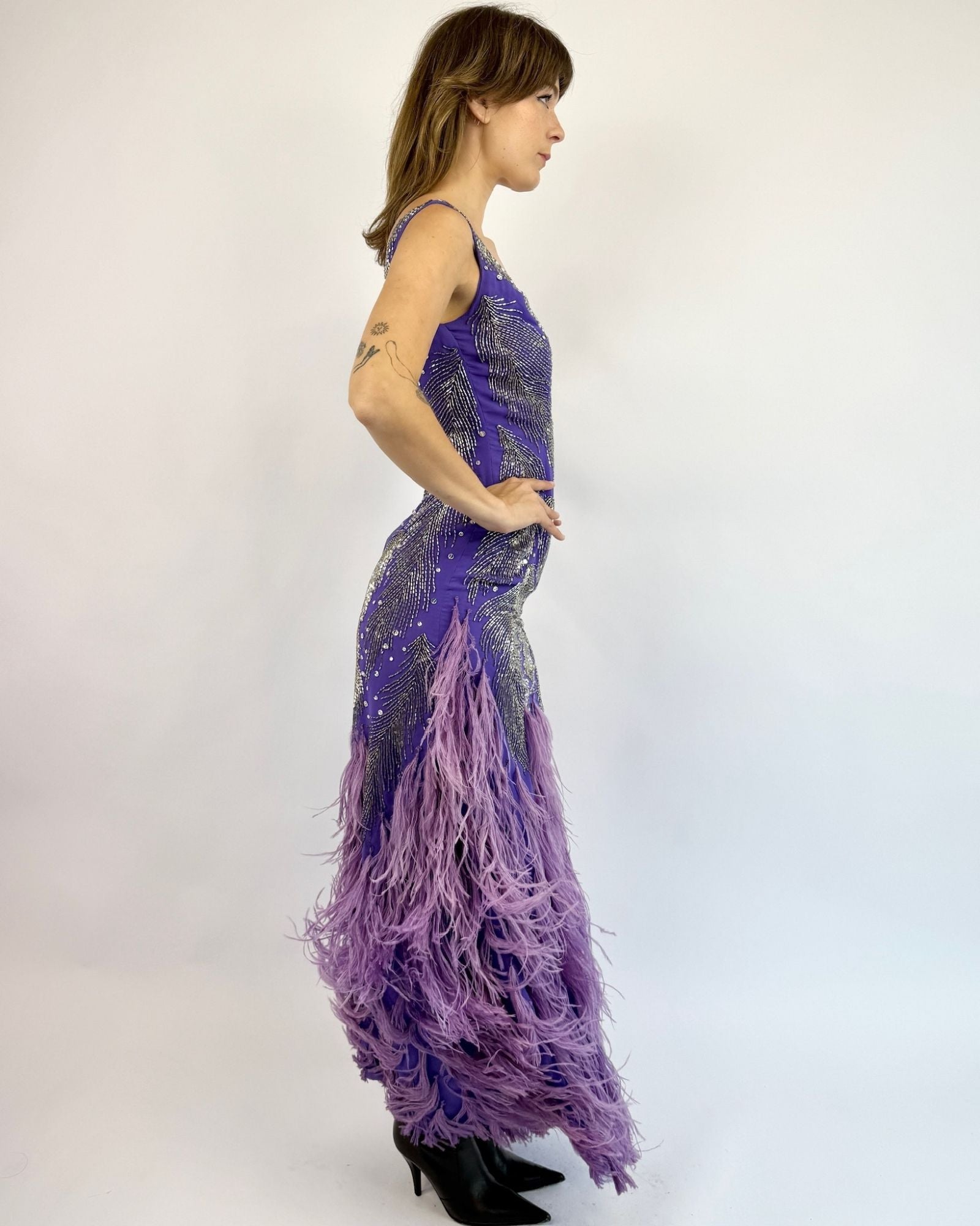 `1980s Ruben Panis All That Glitters Lilac Marabou Gown