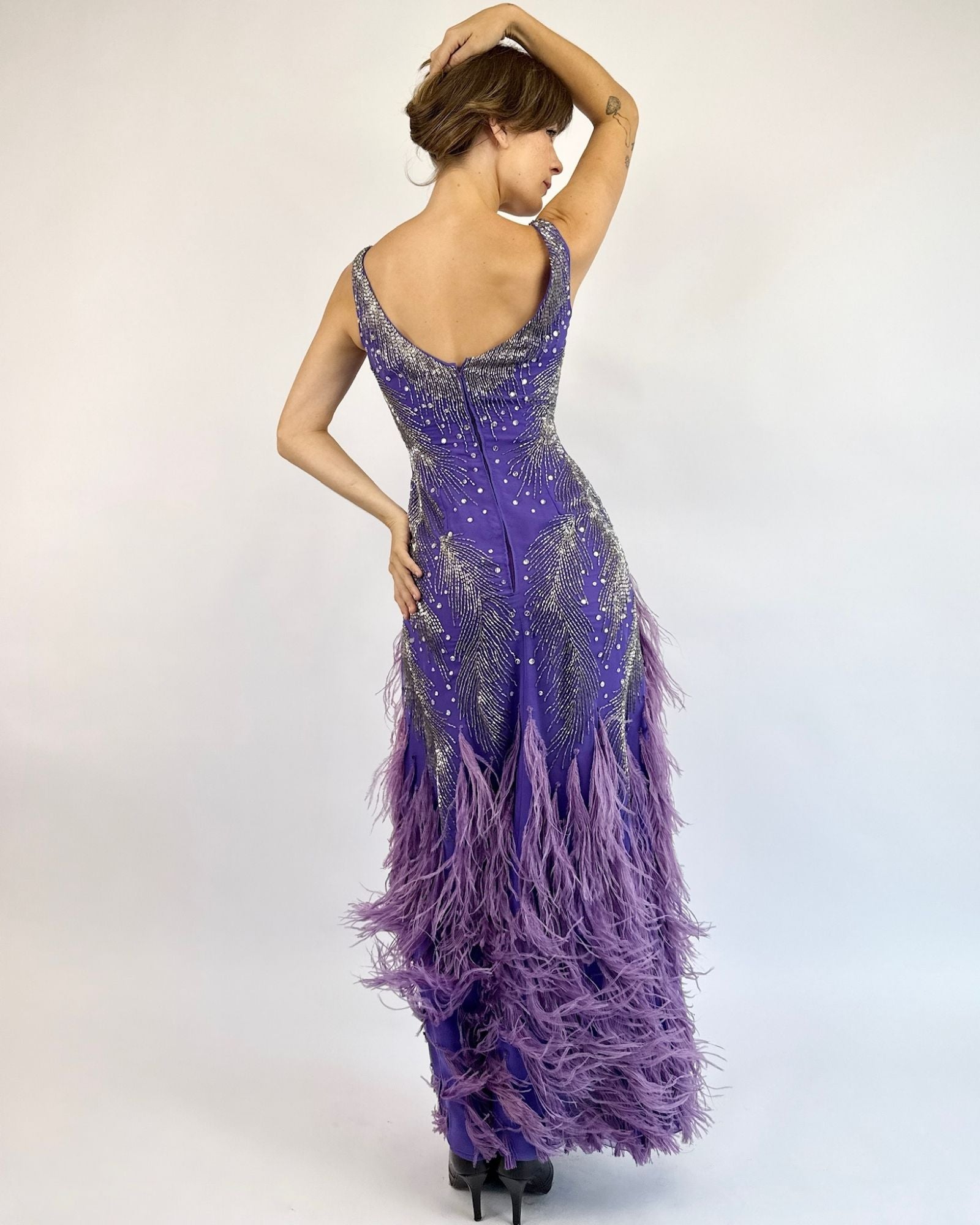 `1980s Ruben Panis All That Glitters Lilac Marabou Gown