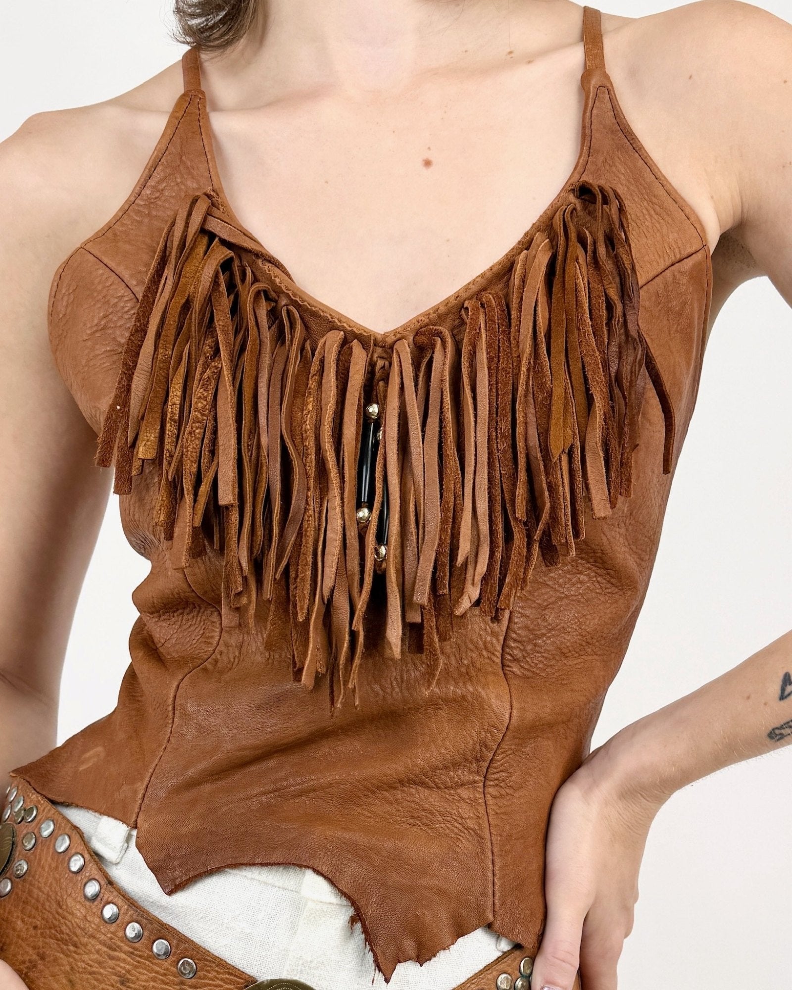 Make a Move Fringe Buckskin Halter Top