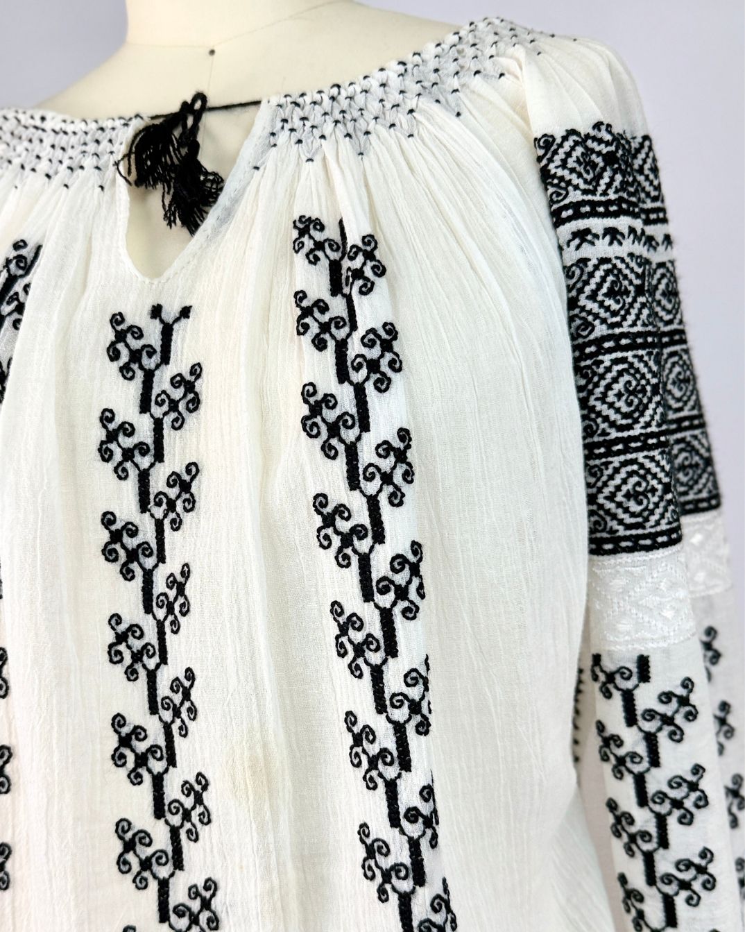 Black and White Embroidered Folk Blouse