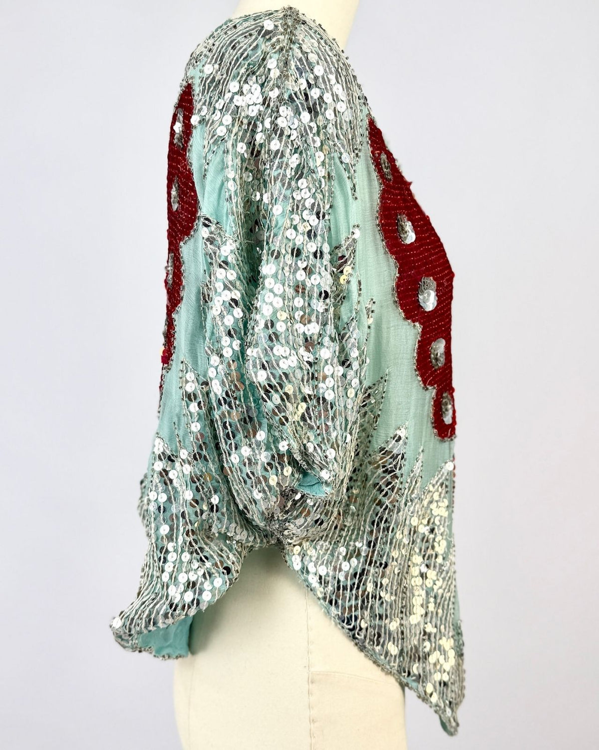 Aqua and Red Sequin Butterfly Blouse