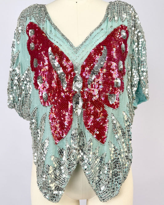 Aqua and Red Sequin Butterfly Blouse