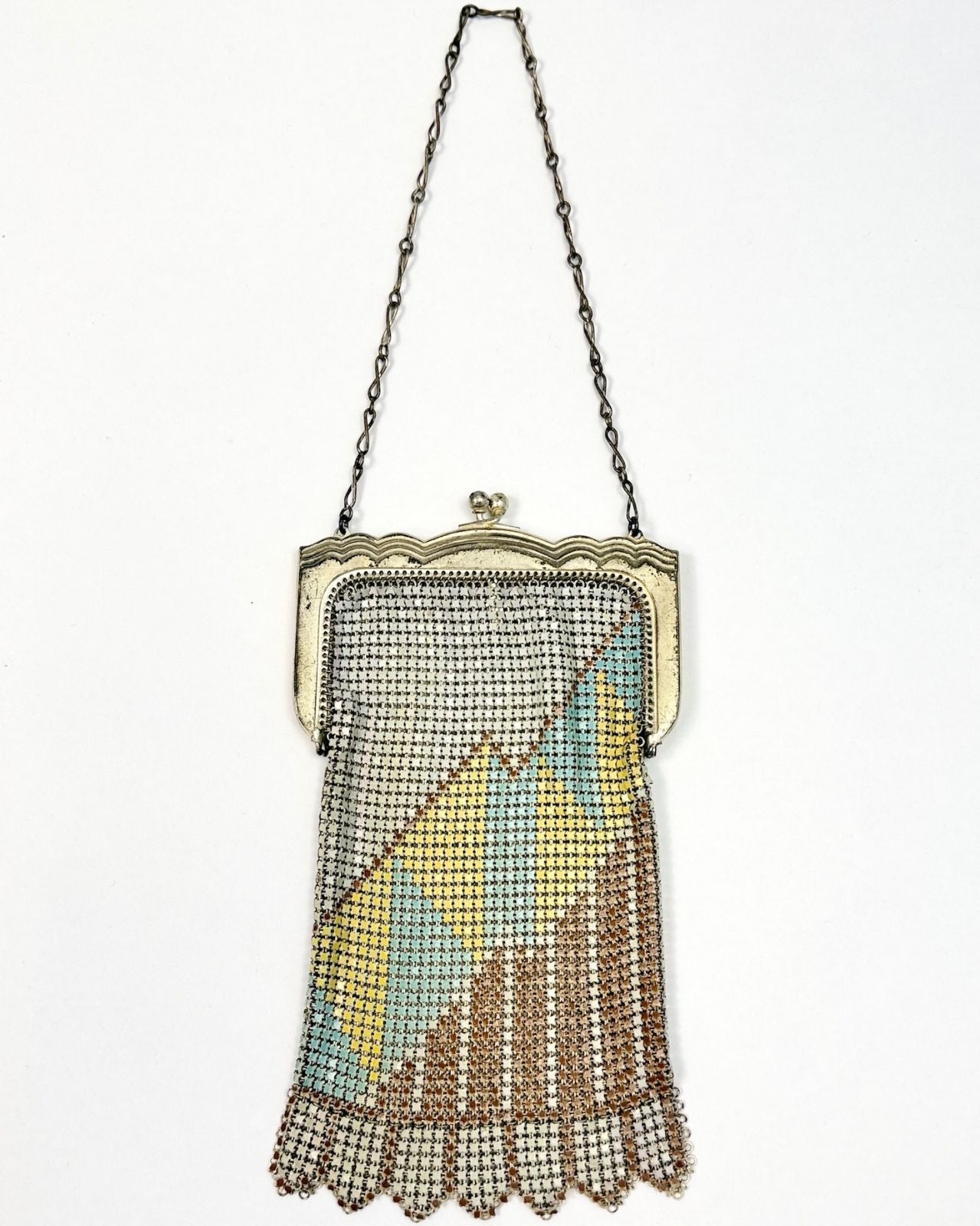 Whiting and Davis 20s Brown Yellow Coral Mesh Bag