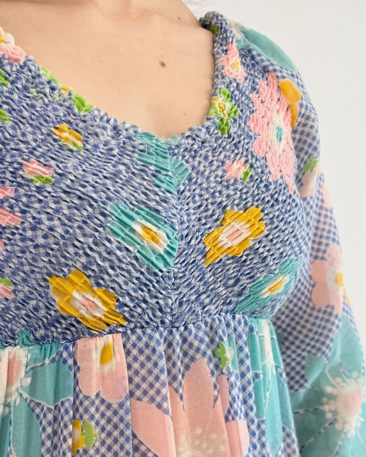 70s Floral Flurry Gingham Maxi Dress