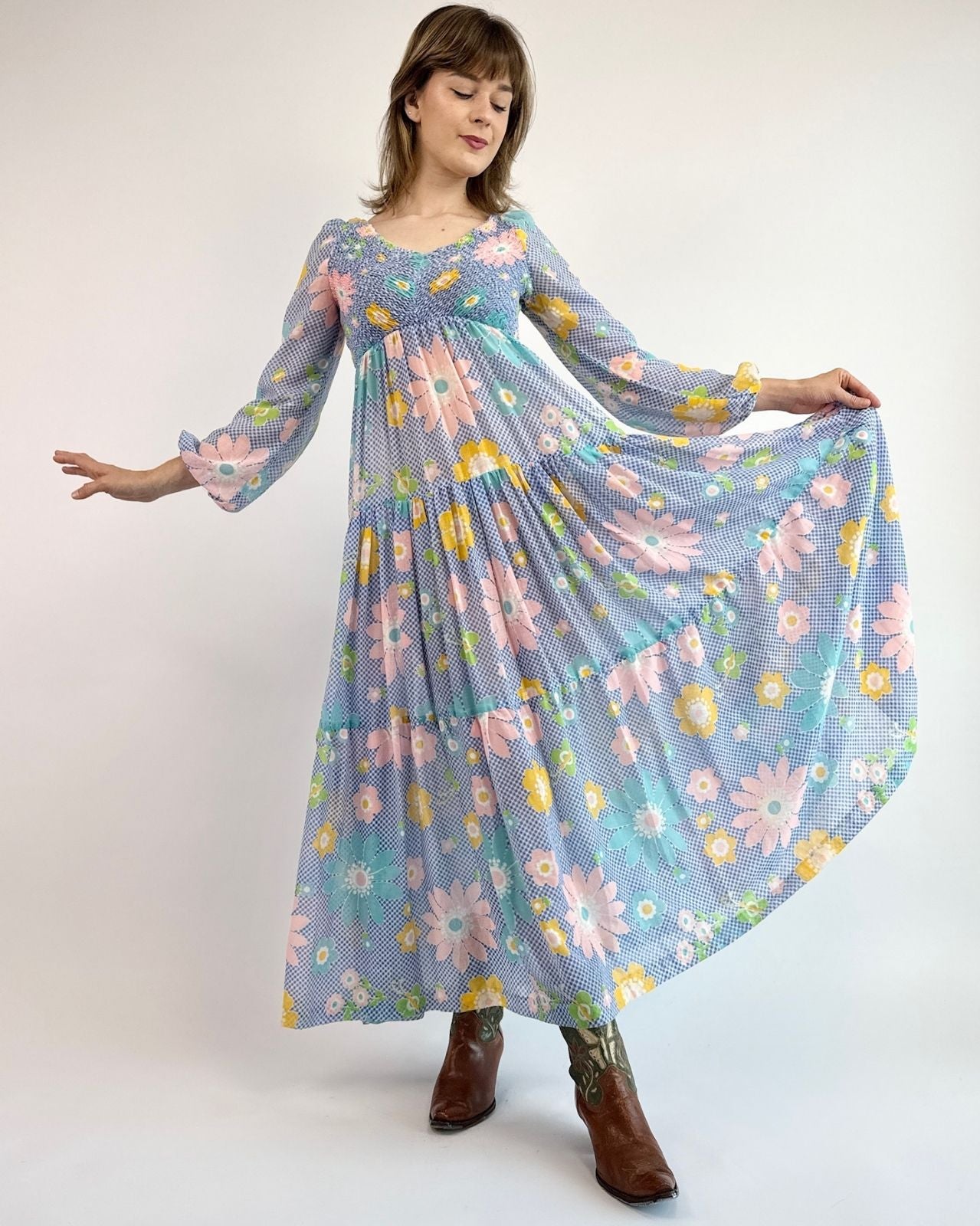 70s Floral Flurry Gingham Maxi Dress