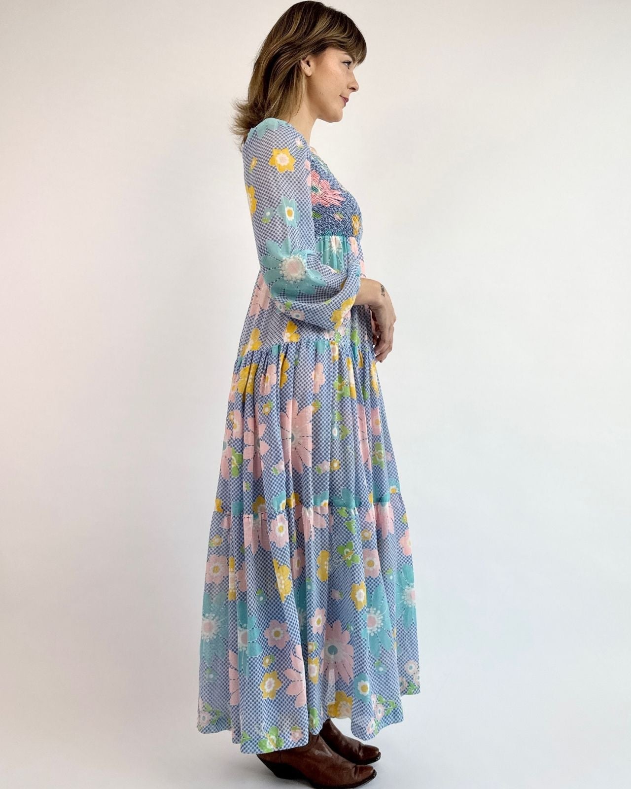 70s Floral Flurry Gingham Maxi Dress