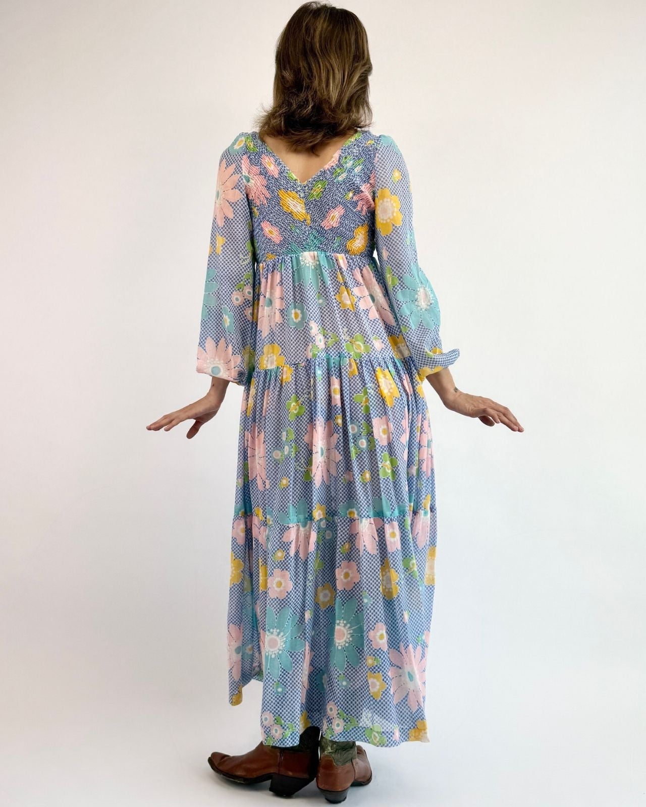 70s Floral Flurry Gingham Maxi Dress