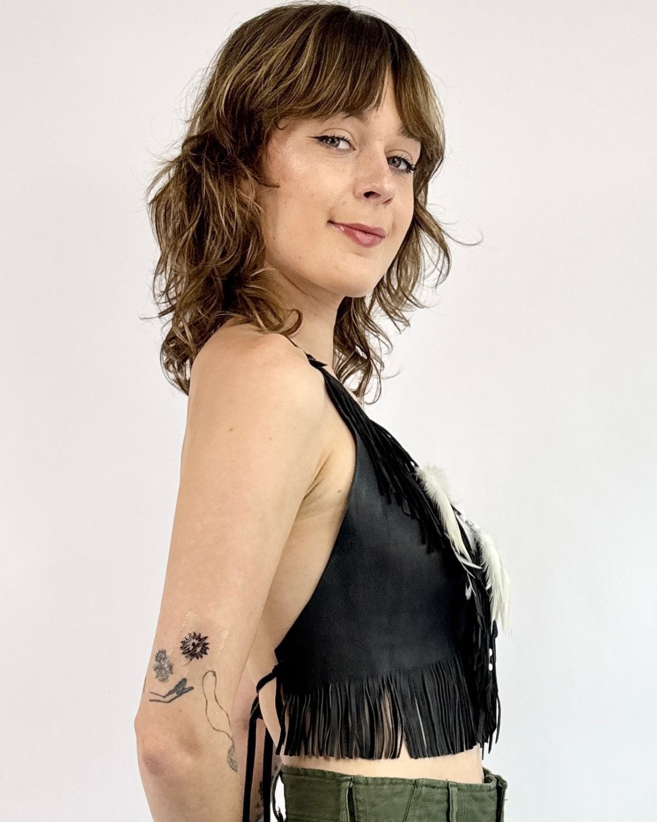 Let The Music Play Leather Feather Halter Top