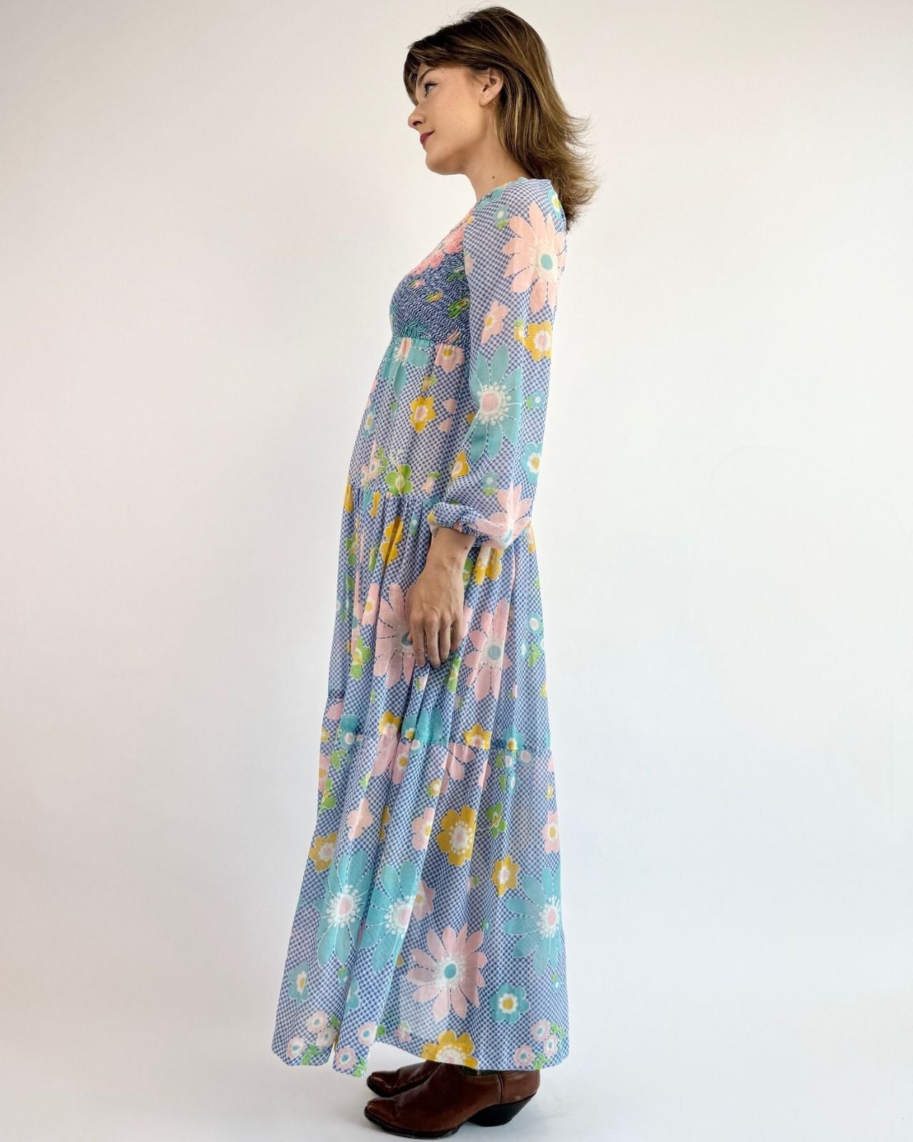 70s Floral Flurry Gingham Maxi Dress