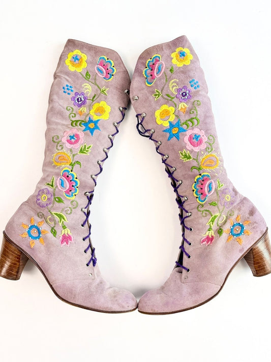 1960s Lavender Suede Embroidered Boots