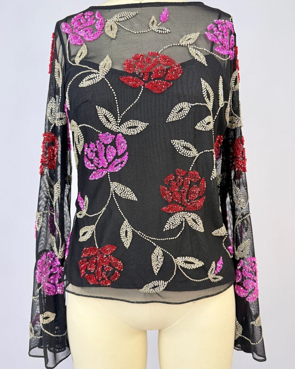 Black Mesh Sequin Floral Top