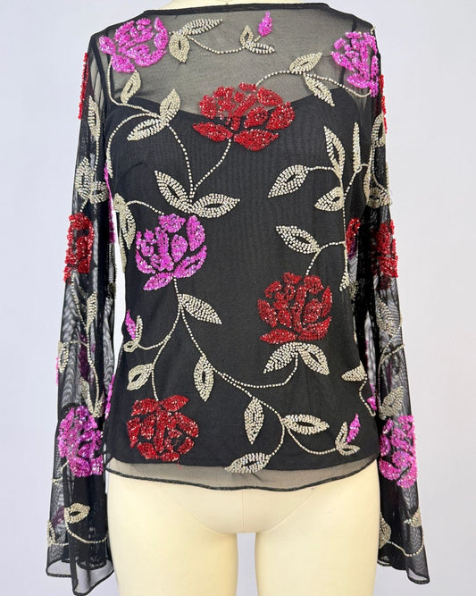 Black Mesh Sequin Floral Top