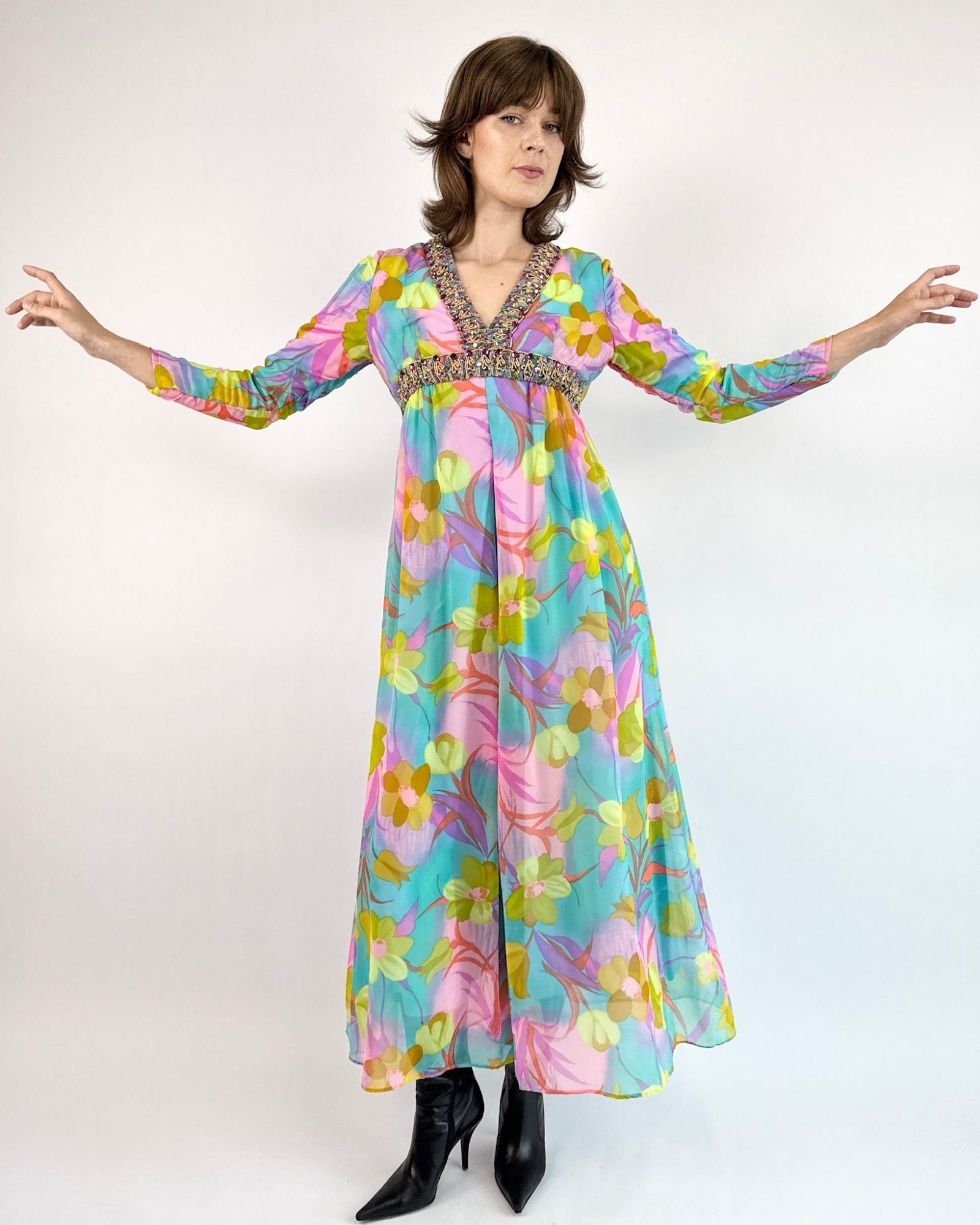 60s Limitless Colors Floral Chiffon Jumpsuit