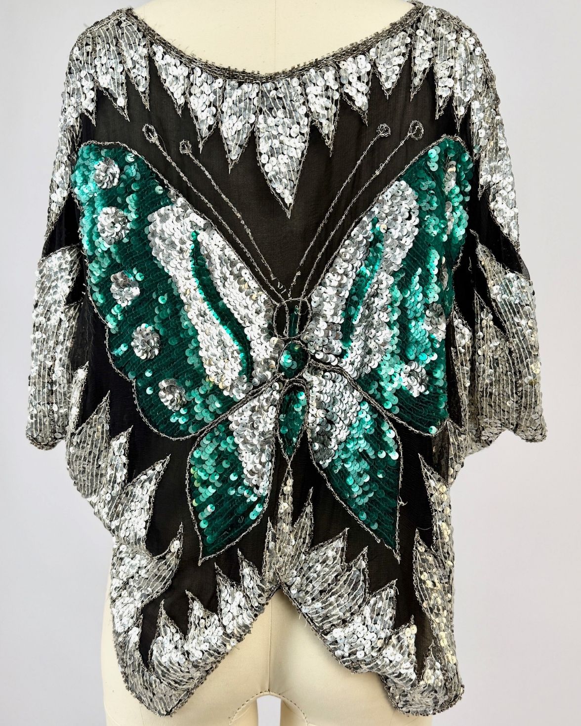 Silver and Emerald Sequin Butterfly Blouse