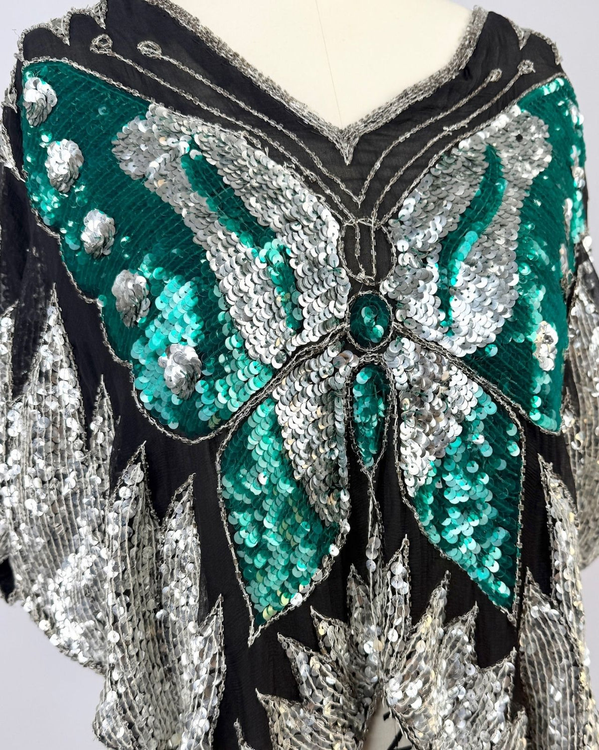 Silver and Emerald Sequin Butterfly Blouse
