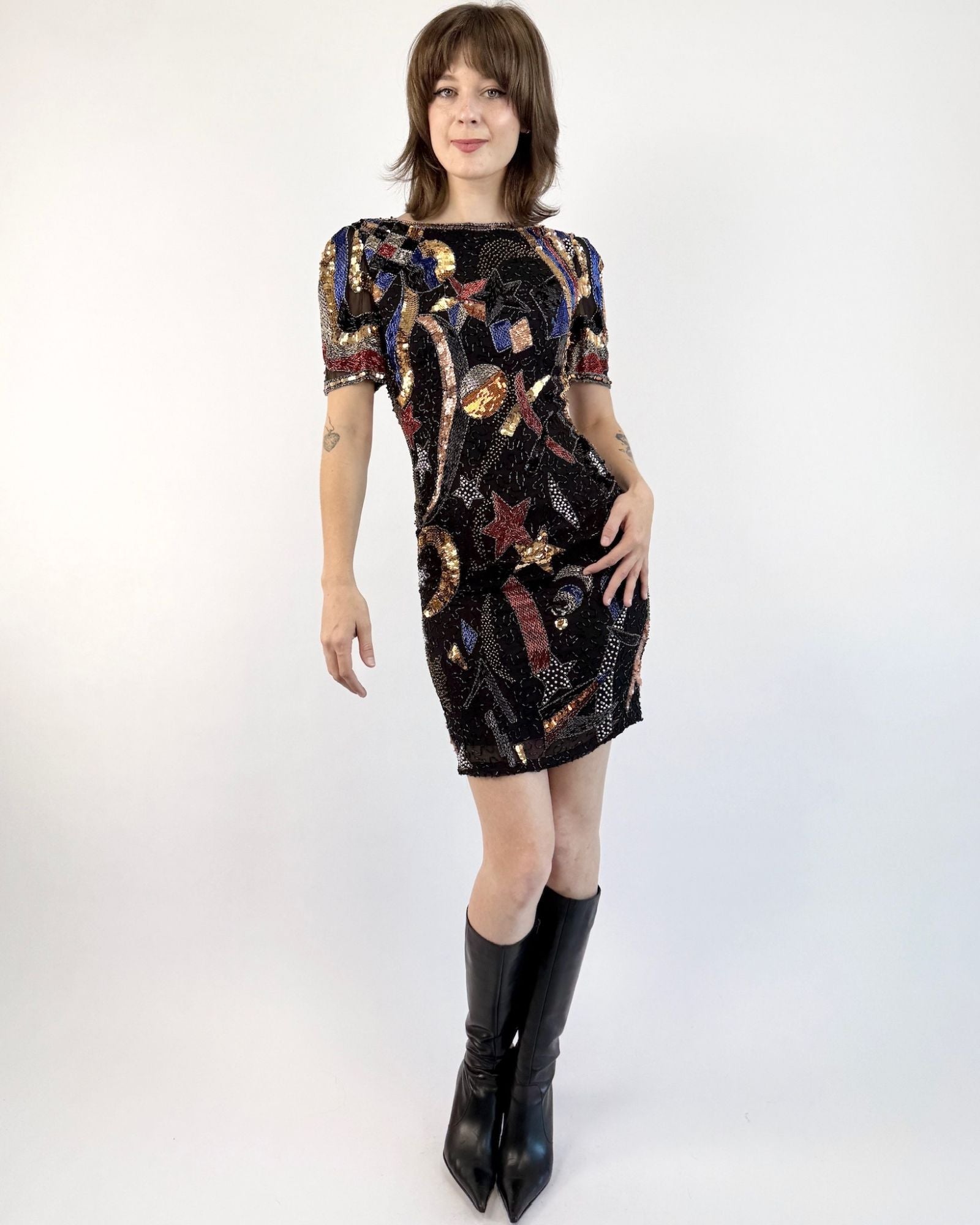 80s glitter dress Vintage 80s Sequin Mini Dress, Blue Purple Party Glam Size 1 Sparkle
