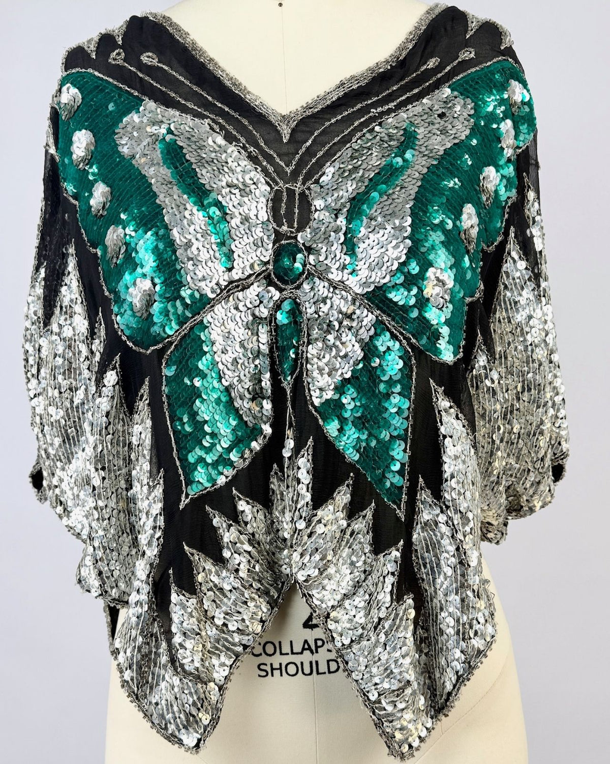 Silver and Emerald Sequin Butterfly Blouse