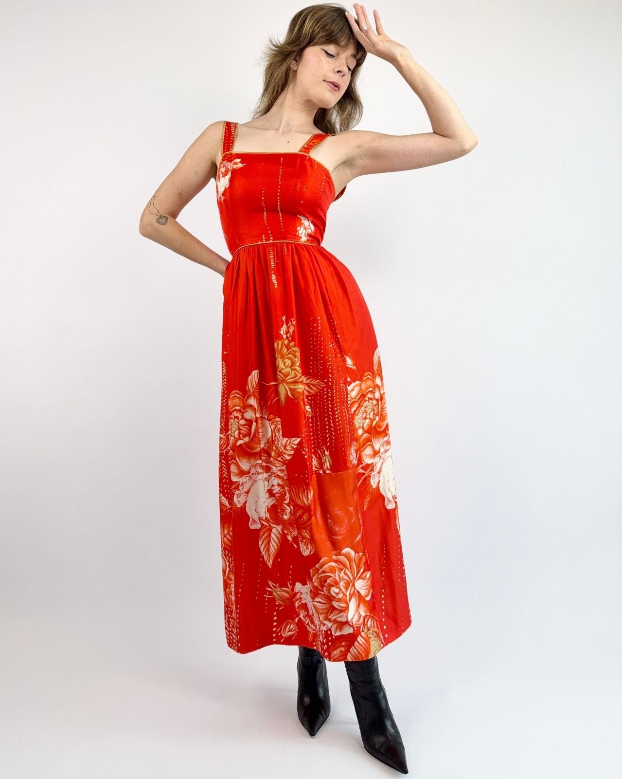 Hanae Mori Fiery Florals Silk Gown