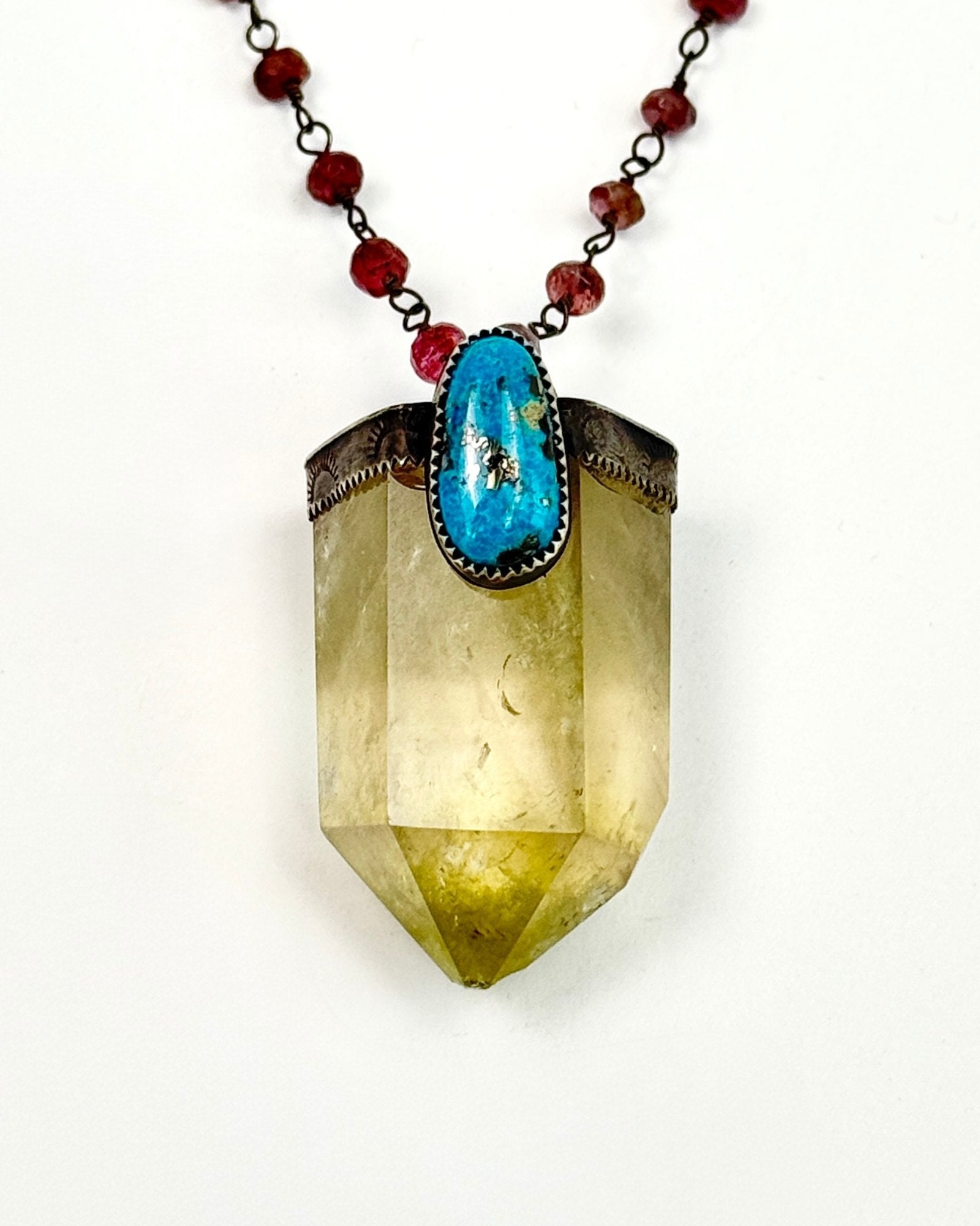 Rebecca Frazier Crystal Quartz Turquoise Pendant w/ Pink Tourmaline Chain Necklace