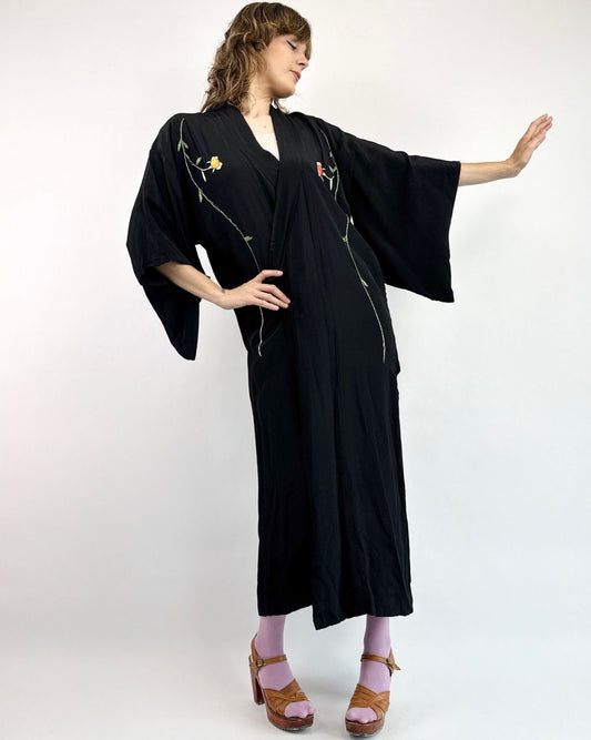 Through The Vines Black Embroidered Robe