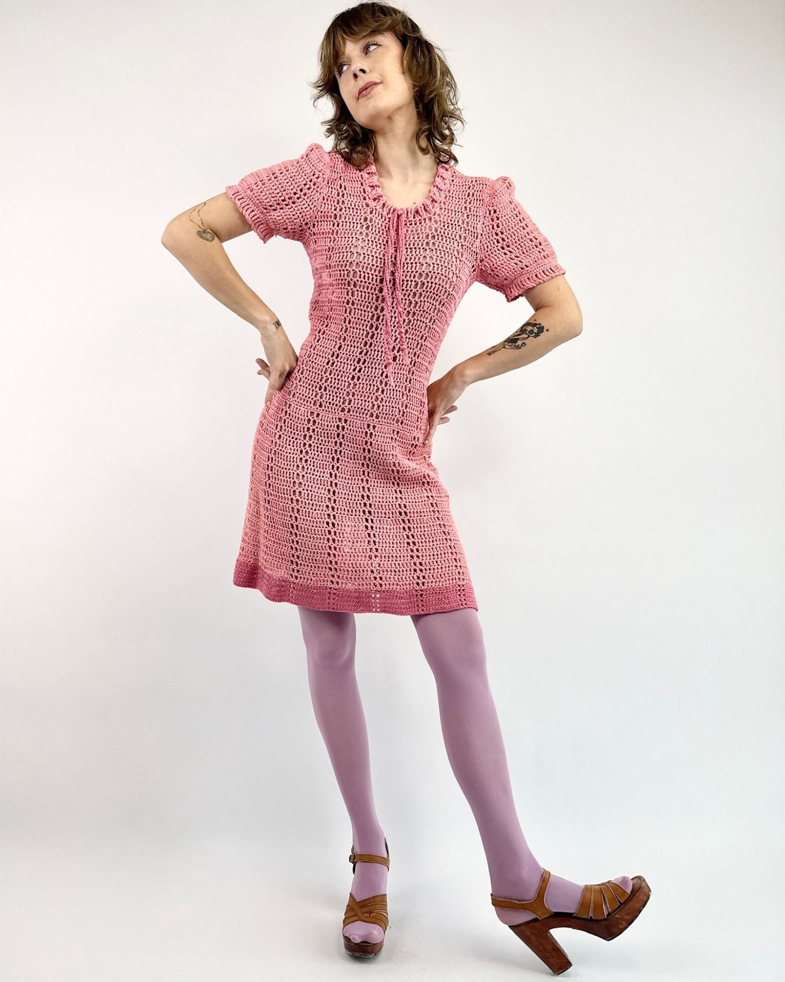 pink 60s dress Twist and Shout Pink Crochet Dress