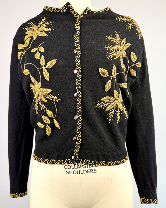 1950s Black Golden Beaded Cardigan