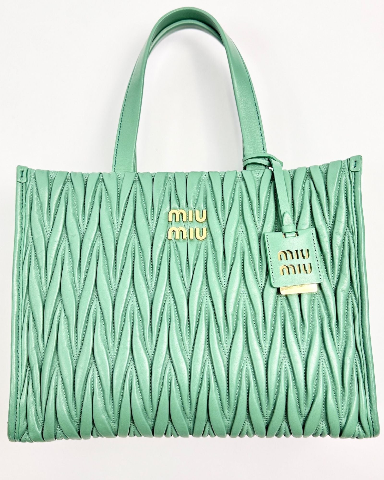 Miu Miu Matelassé Nappa Leather Tote In Sage Green