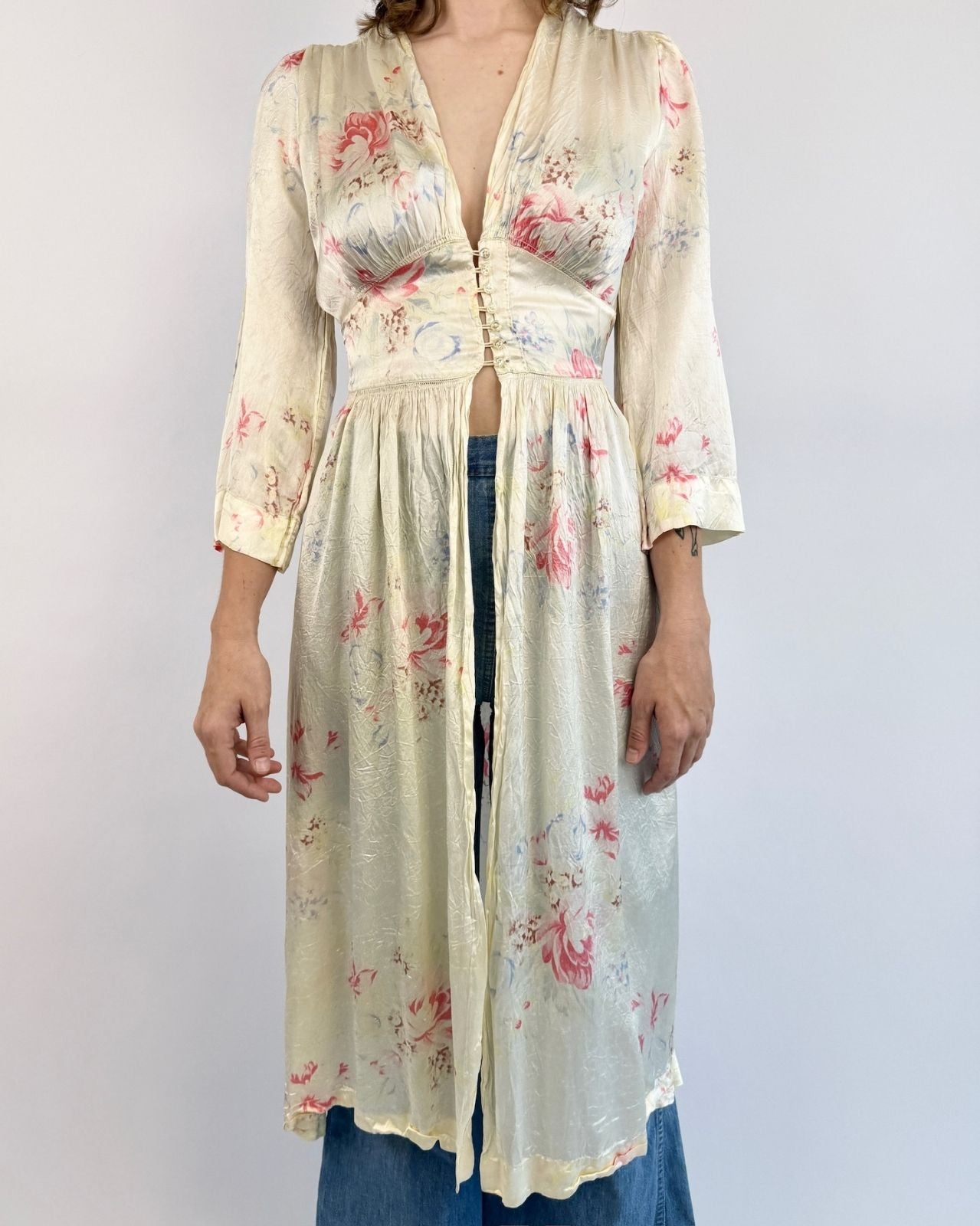 1930s Button Up Buttercup Satin Robe