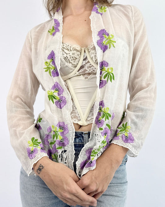 1930s Lavender Love Notes Embroidered Voile Blouse