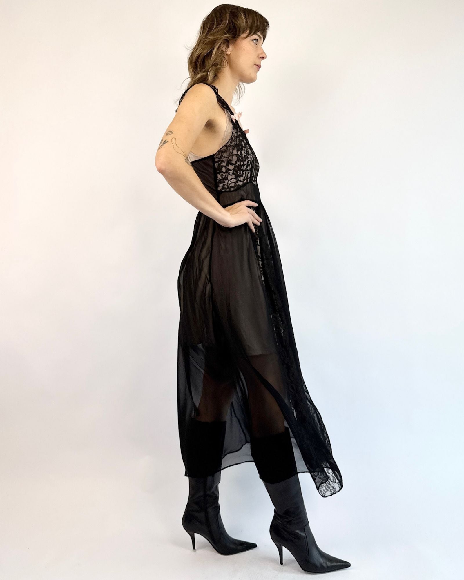 1930s Sheer Flattery Black Lace Slip Dress