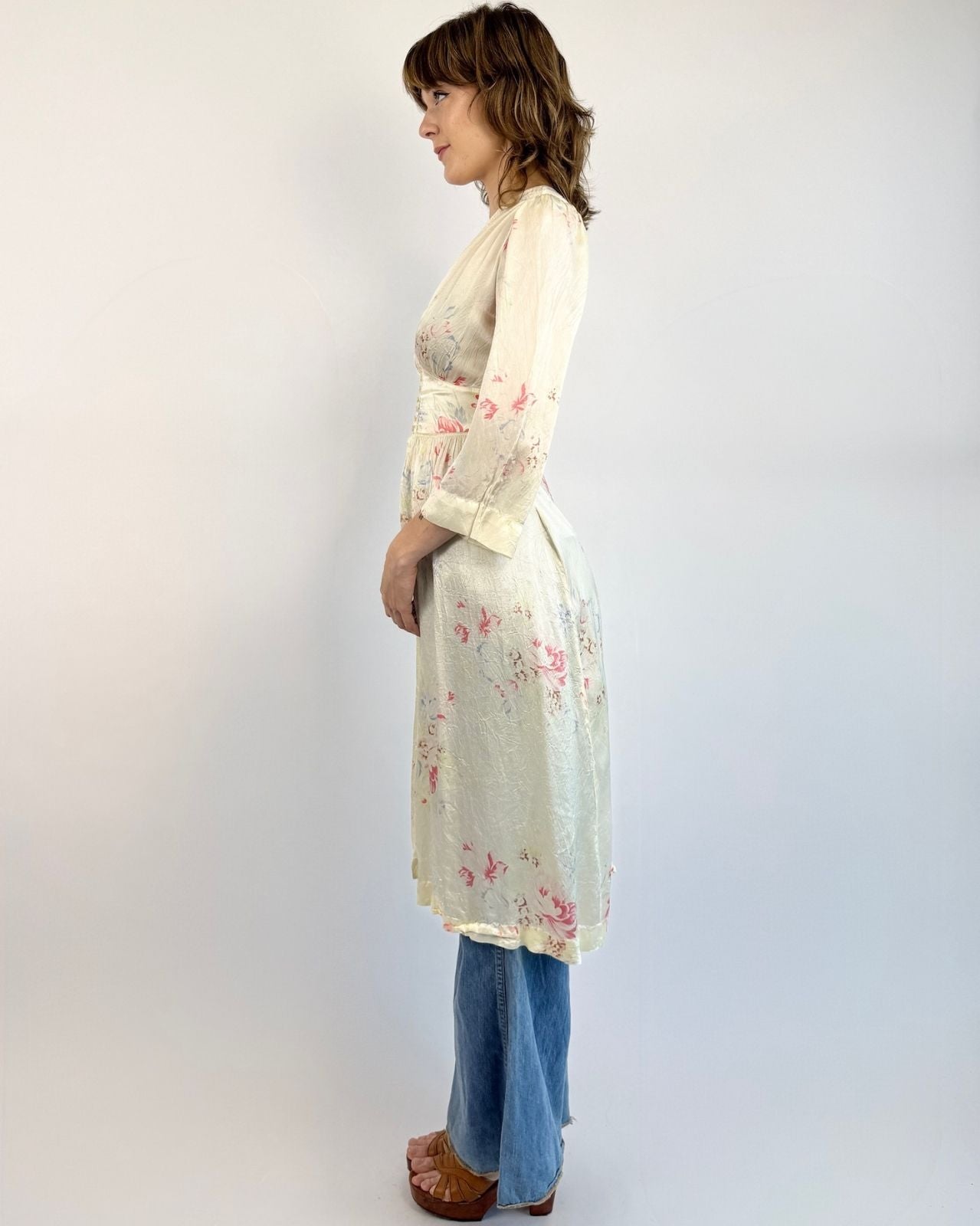 1930s Button Up Buttercup Satin Robe