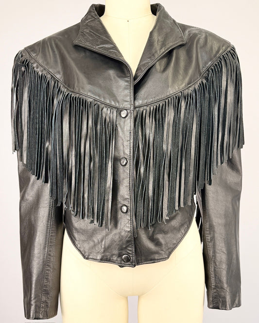 French Black Fringe Leather Jacket