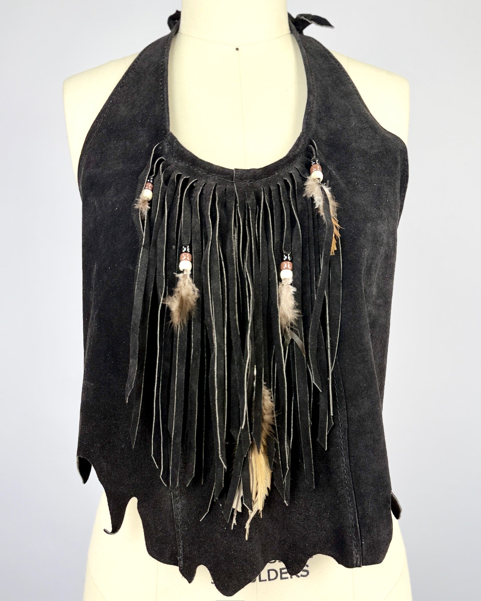 Black Suede Feather Trim Halter Top