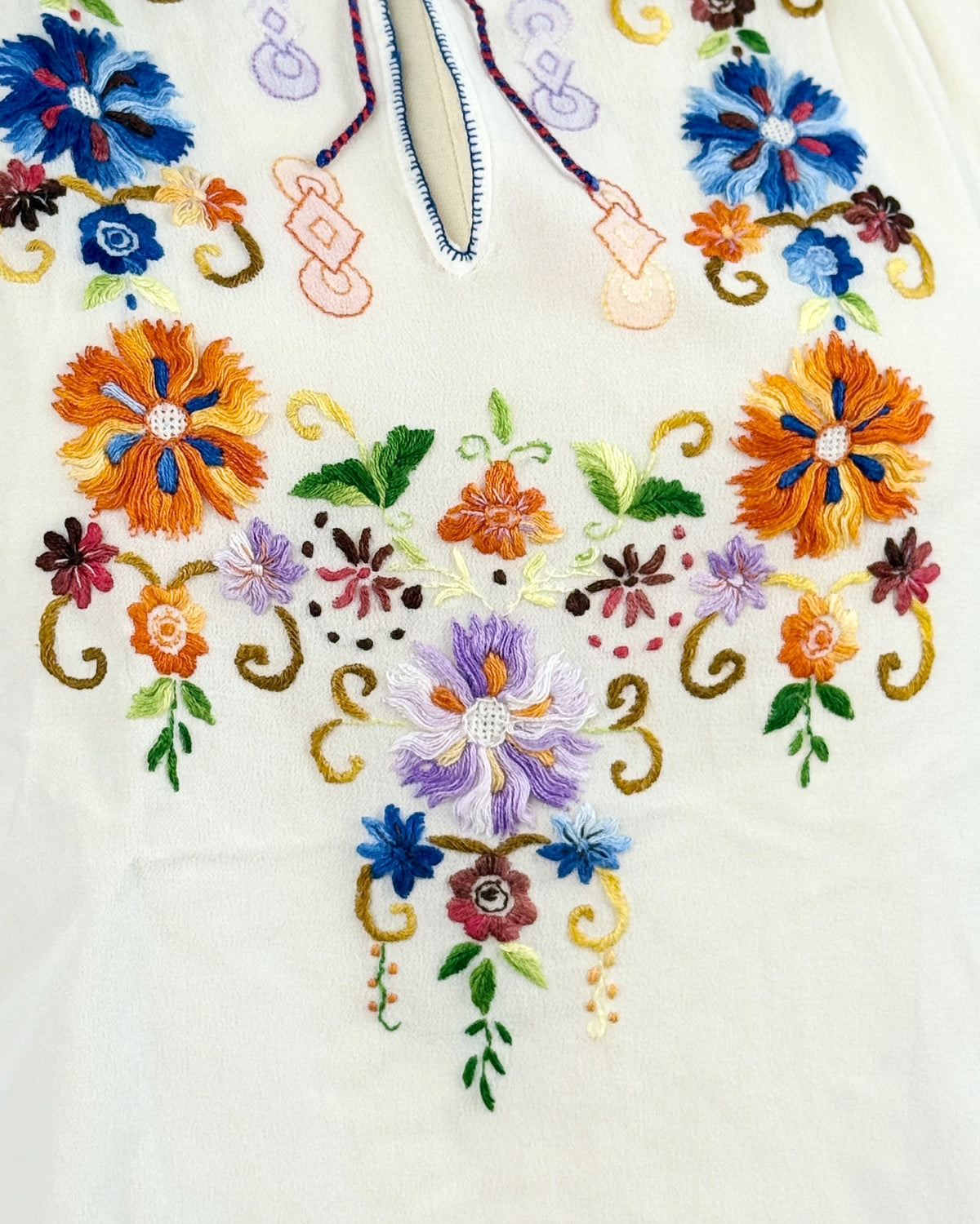 Red + Blue Tie Large Daisies Folk Blouse