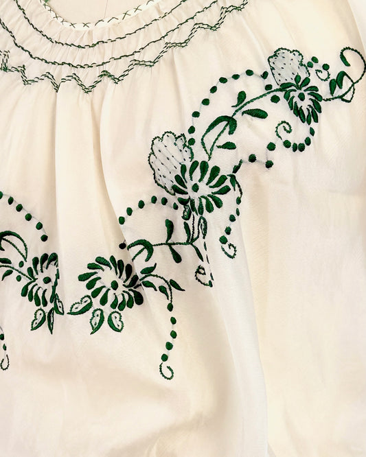 Green + Cream Embroidered Folk Blouse