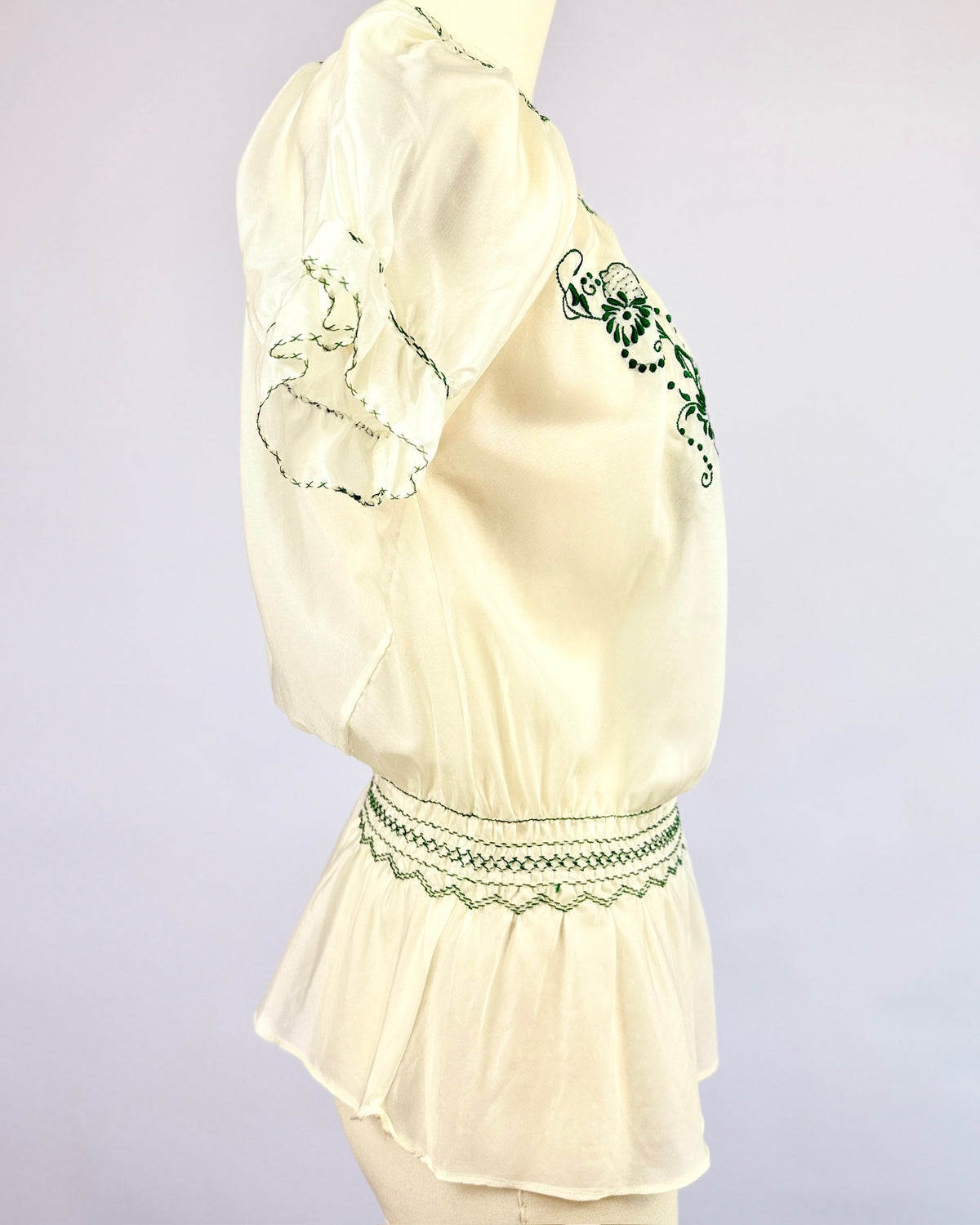 Green + Cream Embroidered Folk Blouse