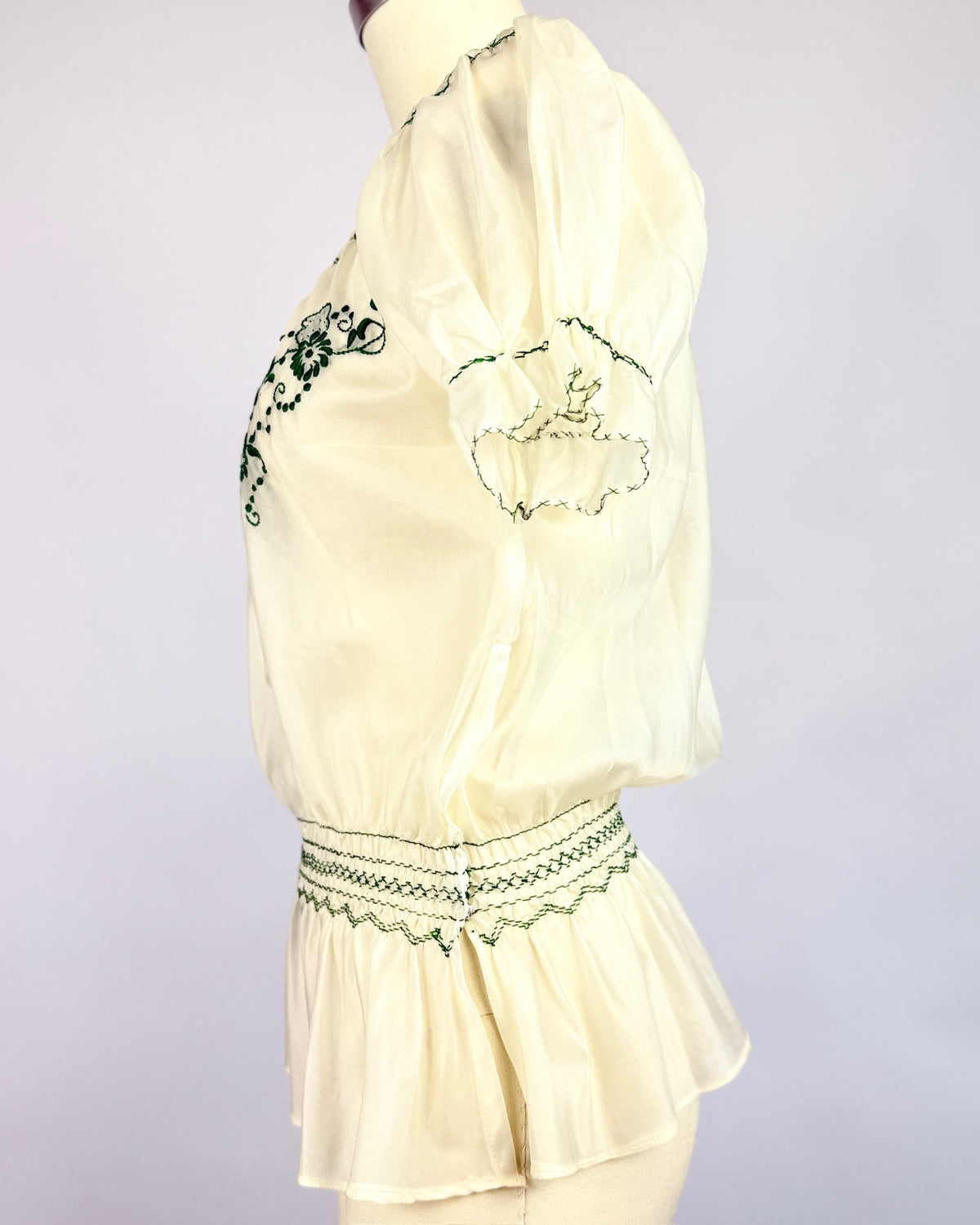 Green + Cream Embroidered Folk Blouse