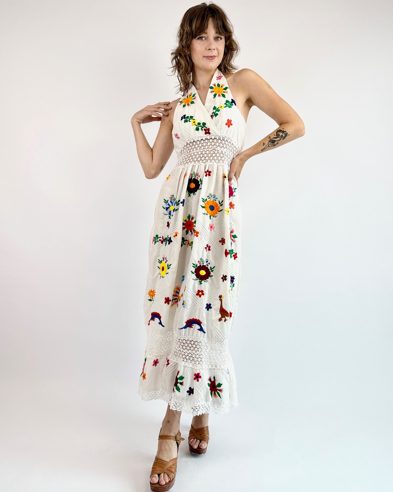 1970s Feathers Flock Together Halter Dress