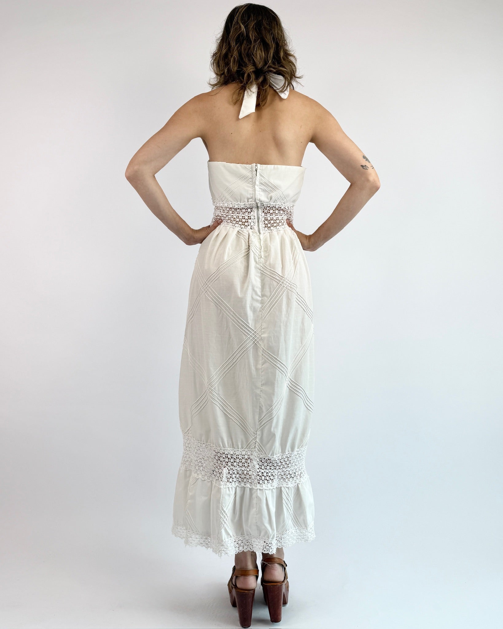 1970s Feathers Flock Together Halter Dress