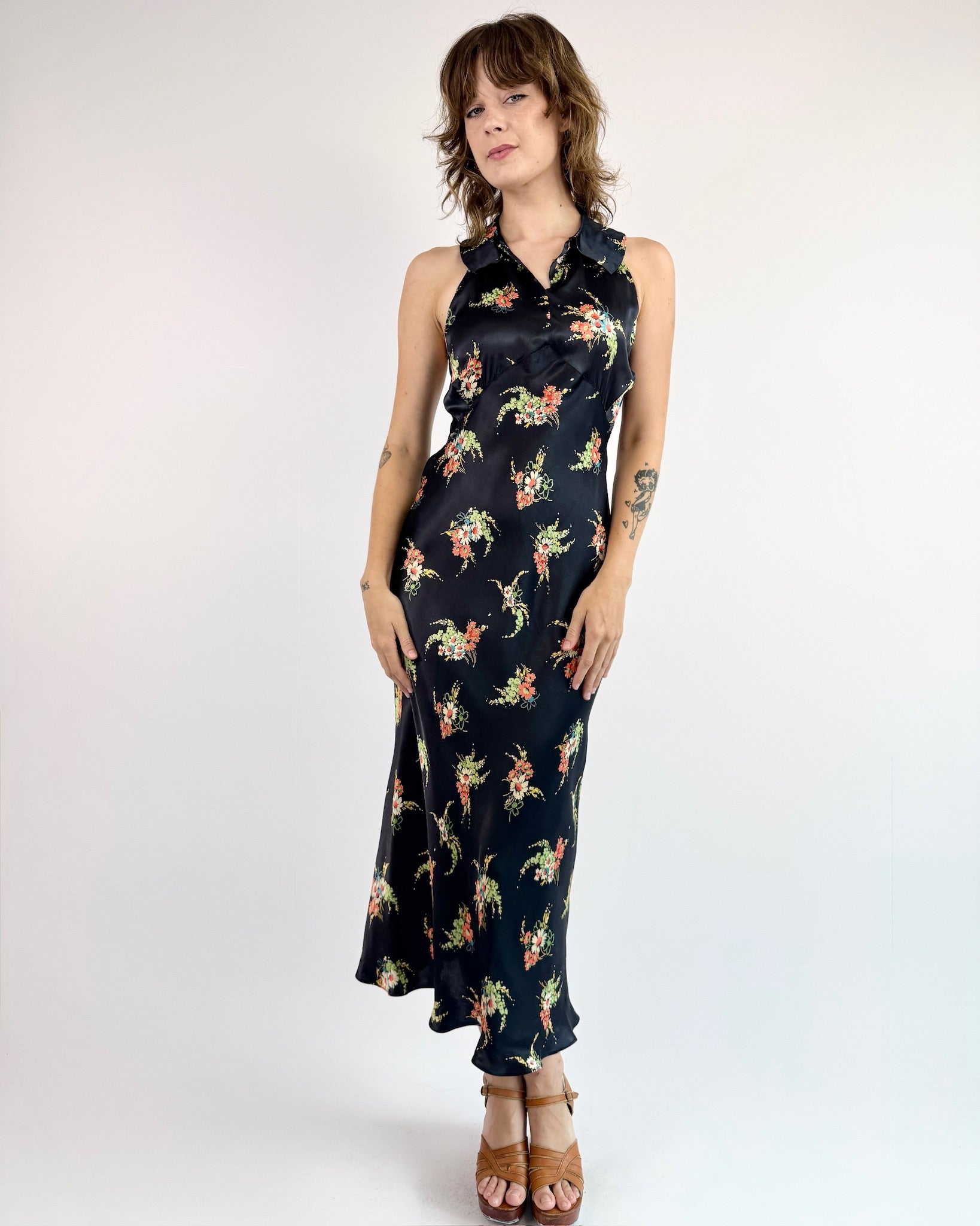 1930s Midnight Sun Satin Floral Dress