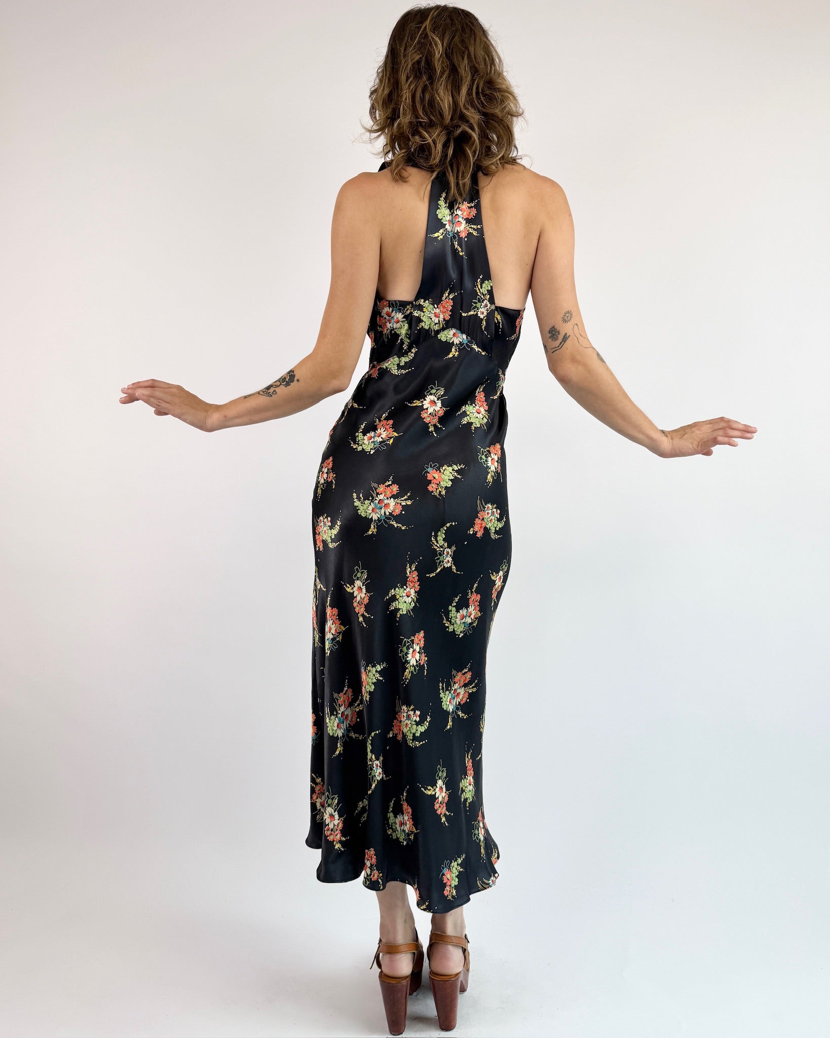 1930s Midnight Sun Satin Floral Dress
