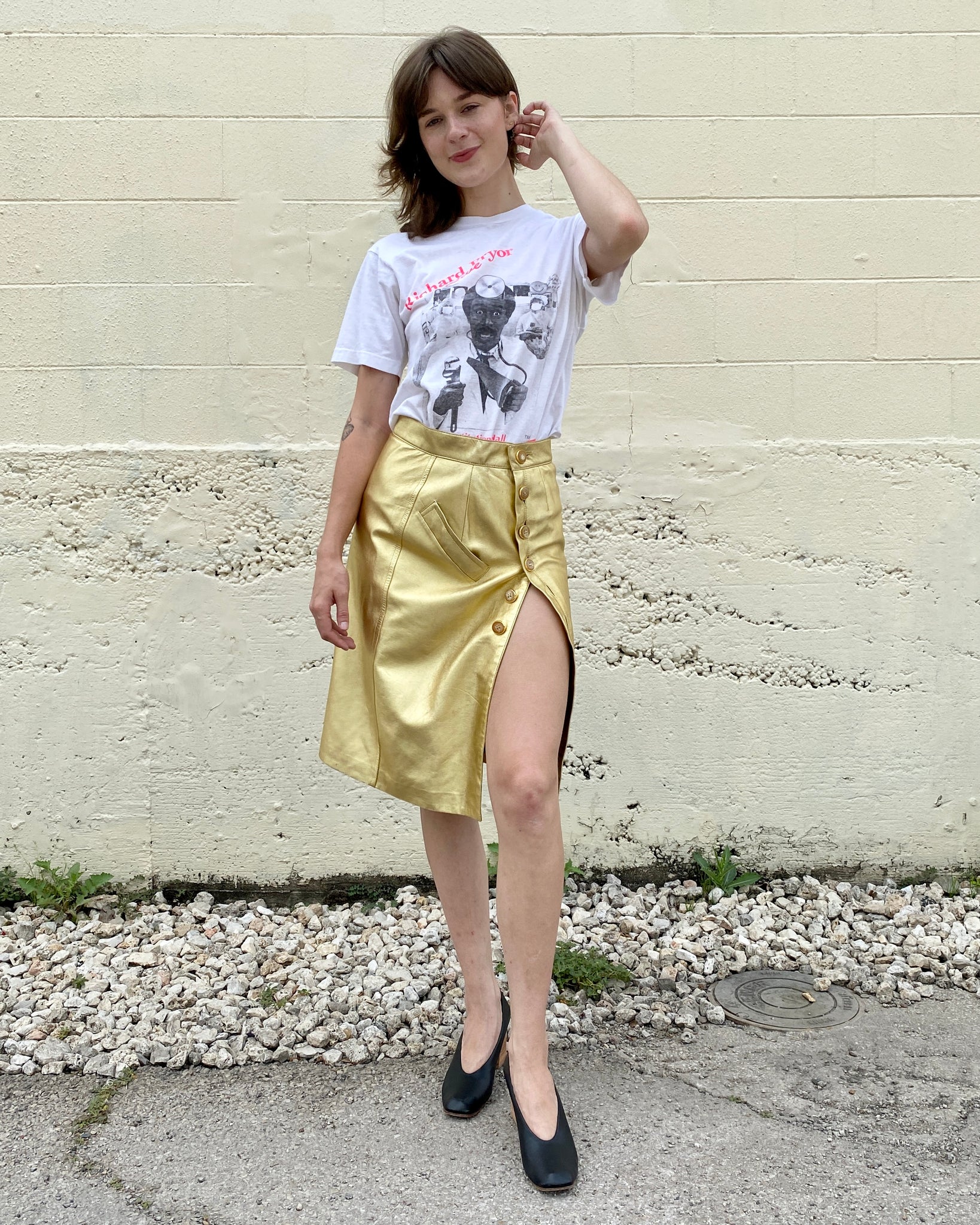 We're In The Money Gold Leather Yves Saint Laurent Skirt