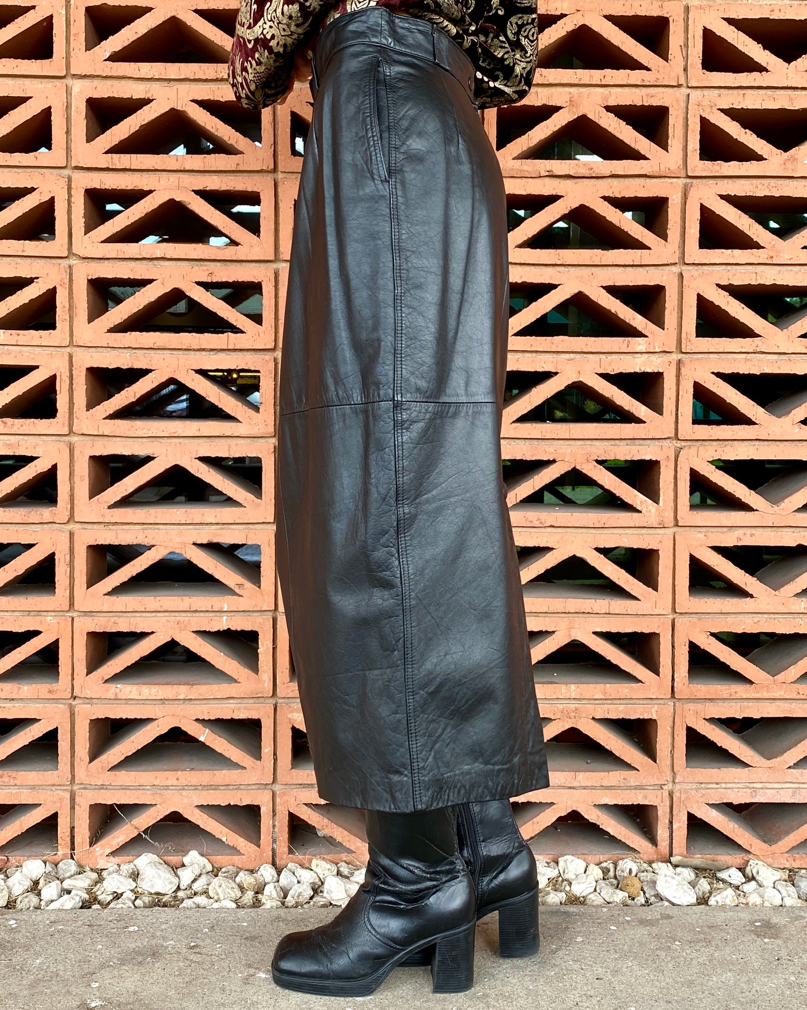 New Wave 80's Black Leather Midi Skirt