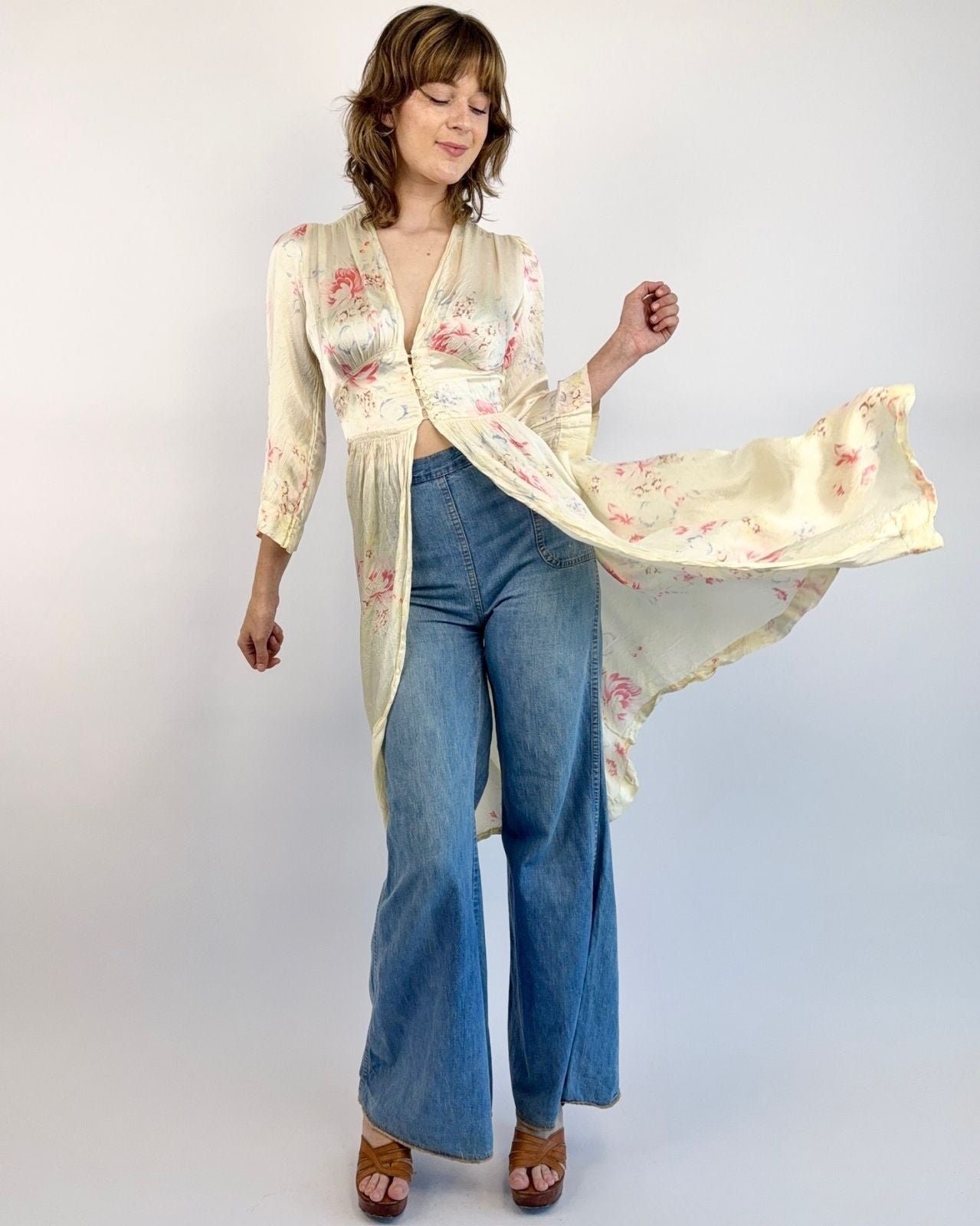 1930s Button Up Buttercup Satin Robe