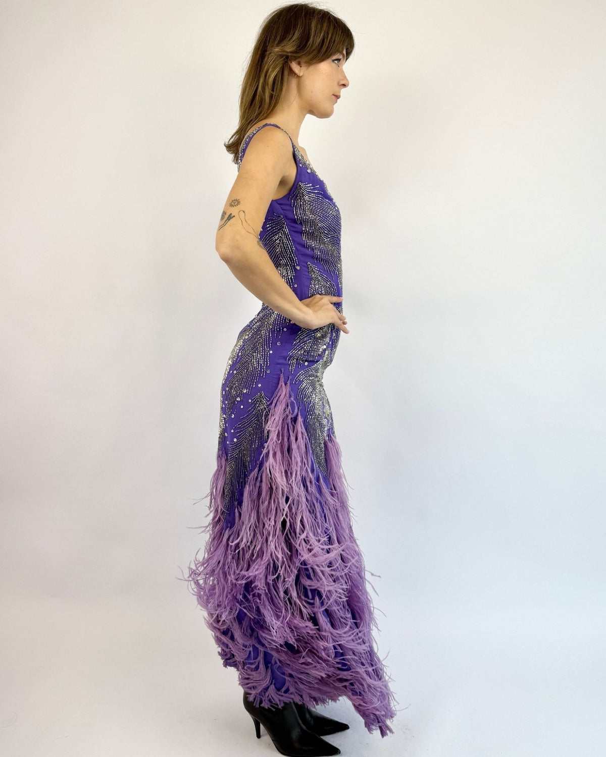 `1980s Ruben Panis All That Glitters Lilac Marabou Gown