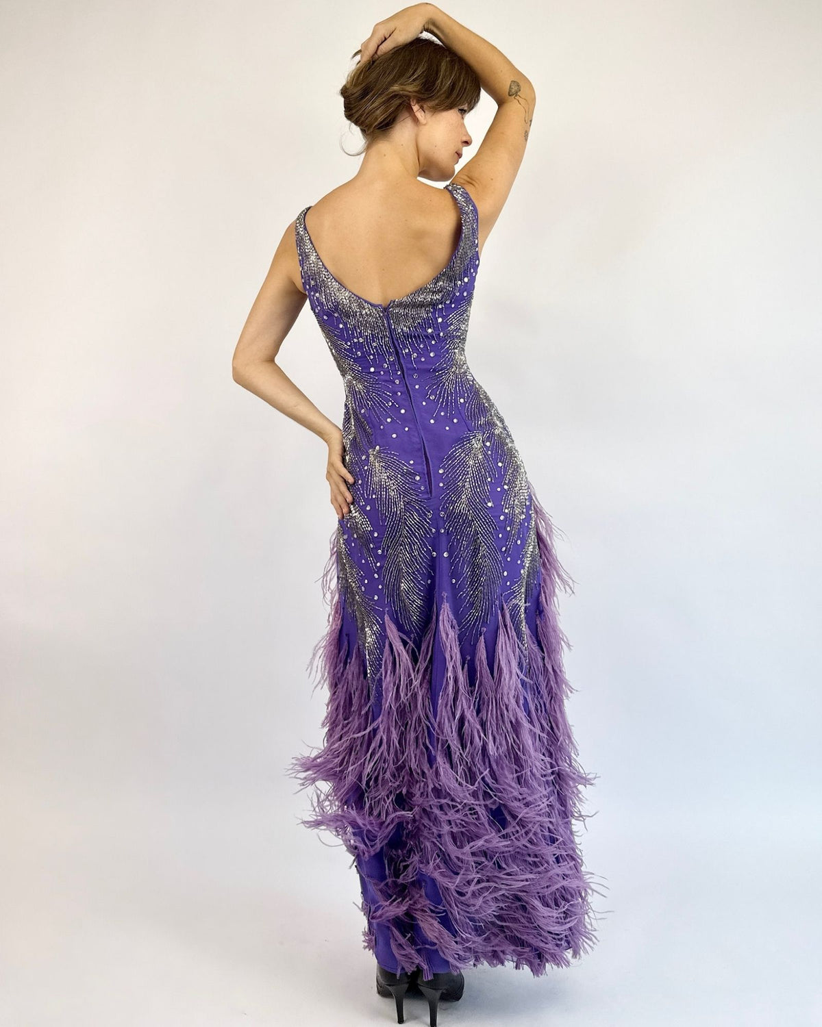 `1980s Ruben Panis All That Glitters Lilac Marabou Gown