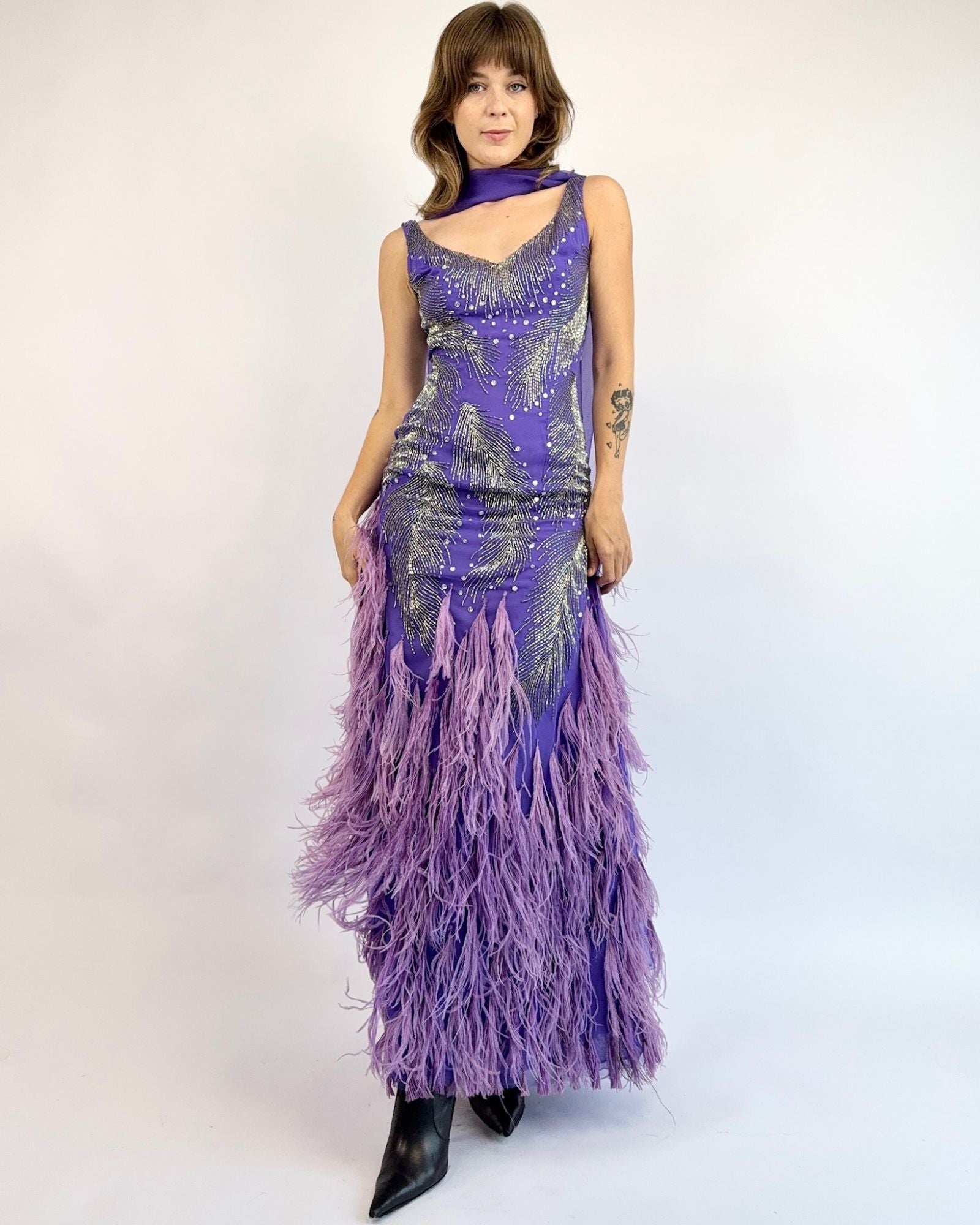 `1980s Ruben Panis All That Glitters Lilac Marabou Gown